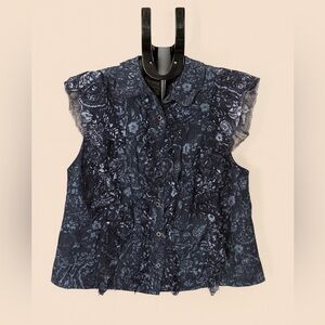 Pilcro Anthropologie Floral Denim Ruffle Blouse Small Blue NWOT
